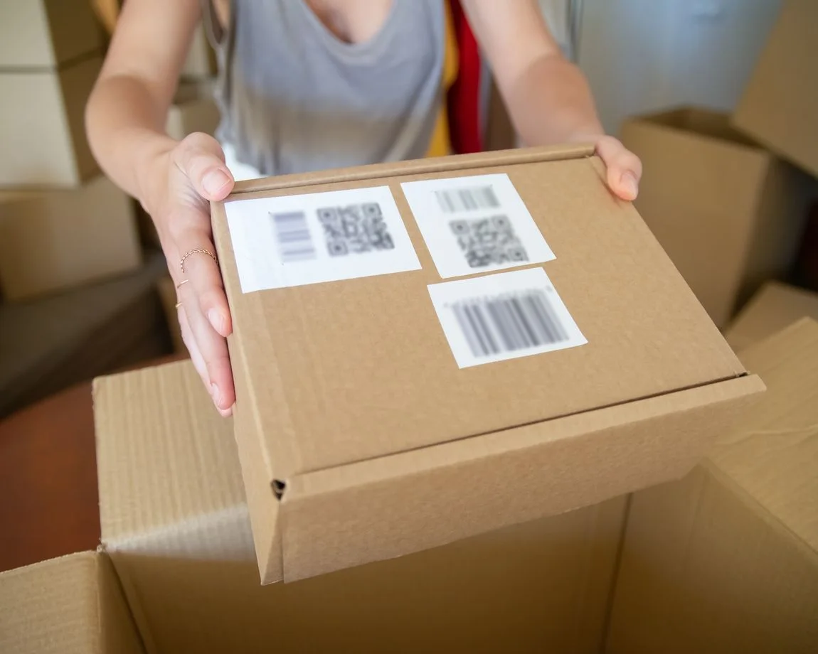 Close-up of a person holding a cardboard box with barcode labels, indoors setting.