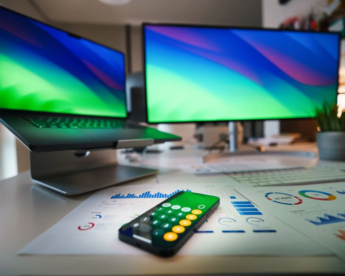 Contemporary office desk featuring a laptop, smartphone calculator app, and business graphs.