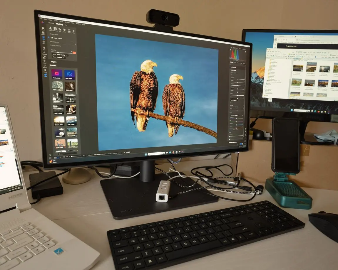 A desk setup showing photo editing software on multiple monitors, a keyboard, and peripherals.