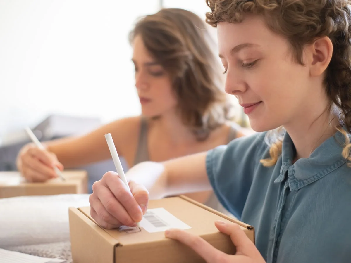 Two women packing boxes for an online store, focusing on barcode and labeling processes.